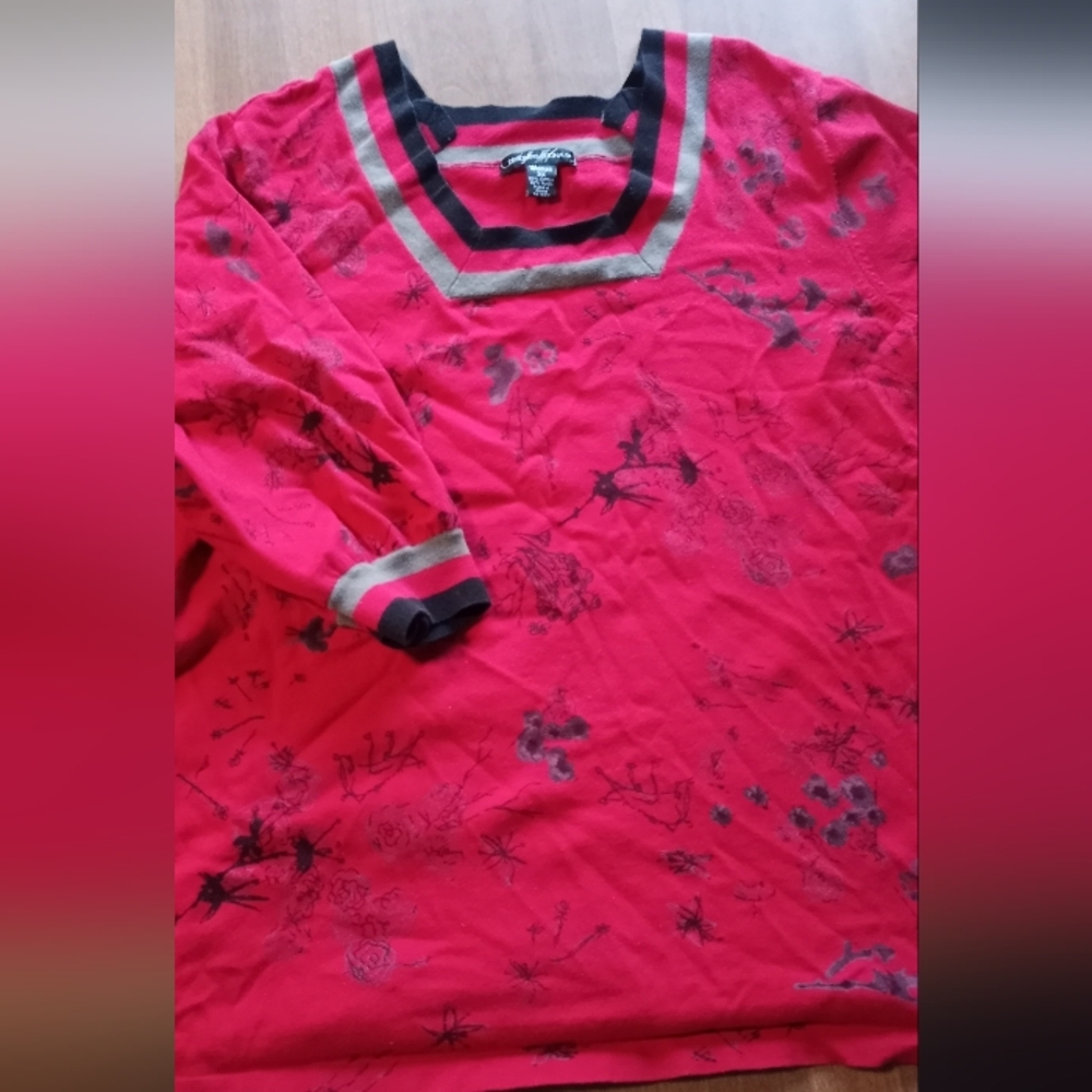 Designers Originals Plus Size 3X Womens Red Floral Half Sleeve Top